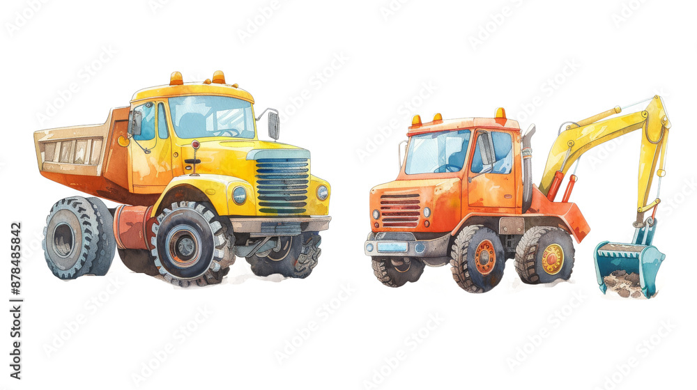 Naklejka premium Cute Construction Vehicles: Adorable Cartoon Style Trucks for Kids' Designs isolated on transparent background, Png file