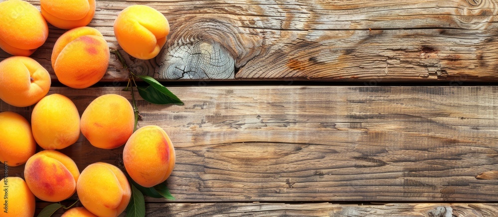 Close-up shot of ripe apricots displayed on a wooden table with copy space image. Close-up shot of ripe apricots displayed on a wooden table with copy space image.