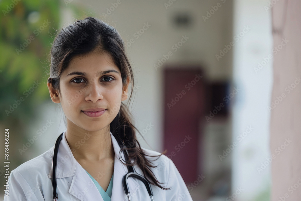 Confident and empowering portrait of a young Indian beautiful female doctor leading her medical team Confident and empowering portrait of a young Indian beautiful female doctor leading her medical team