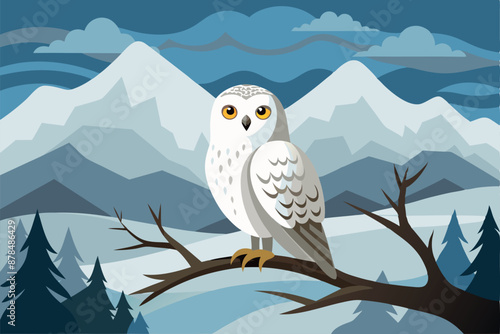 Illustration of a snowy owl perched on a branch with snowy mountains in the background