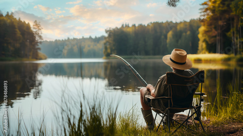 Back view of a fisherman wearing a straw hat and sitting on a fishing chair, fishing on a lake at summer morning