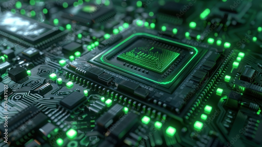 3d rendering of an advanced micro turbodraskan chip with glowing green lights on top of the circuit board 3d rendering of an advanced micro turbodraskan chip with glowing green lights on top of the circuit board