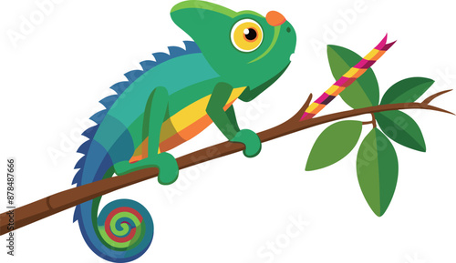 Colorful cartoon chameleon on branch with vibrant tail and playful expression