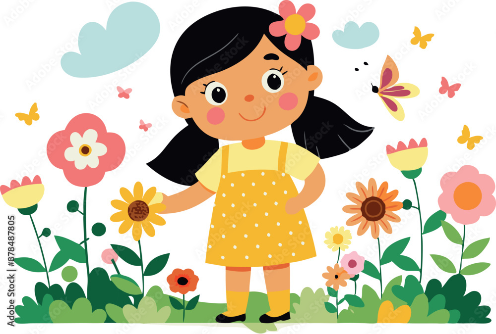 Φωτογραφία Cute cartoon girl standing in a colorful flower garden with butterflies and clou