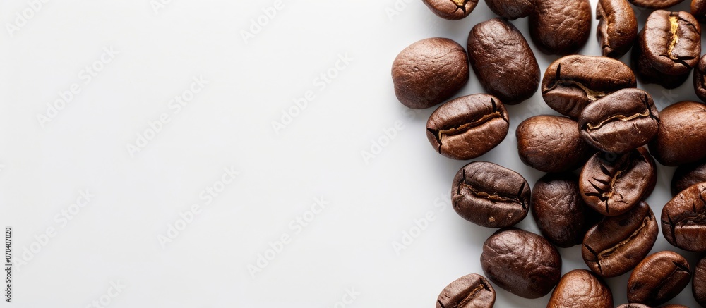 Close-up view of roasted coffee beans against a white background with ample copy space image. Close-up view of roasted coffee beans against a white background with ample copy space image.