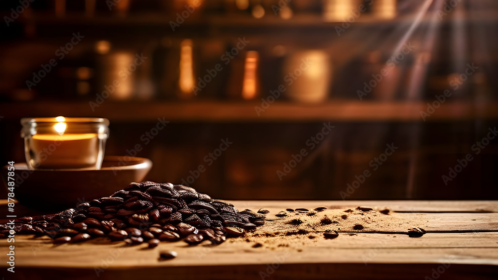 Coffee powder and seed on table with coffee cup brown theme wallpaper Coffee powder and seed on table with coffee cup brown theme wallpaper