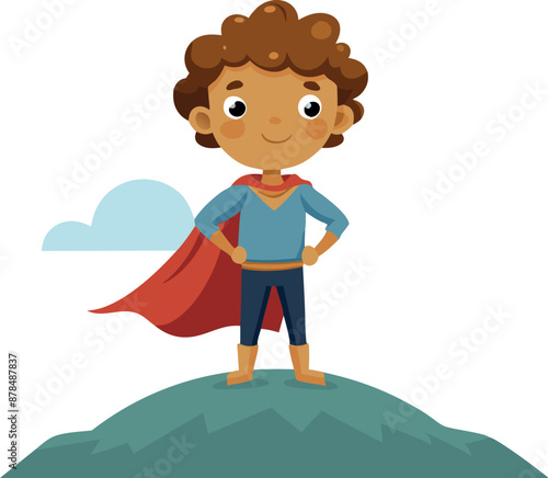 Illustration of a confident boy wearing a red cape standing on a hilltop