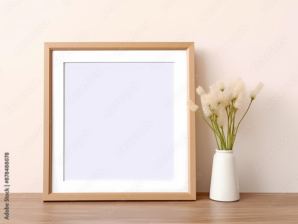 Minimalist photo frame with blank space next to a white vase on a wooden table against a pastel wall. Minimalist photo frame with blank space next to a white vase on a wooden table against a pastel wall.