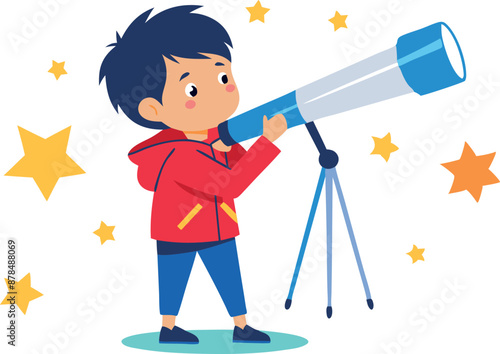 Illustration of a young boy stargazing with a telescope and admiring stars