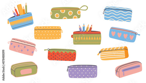 Cute pencil case set. Collection of pencil cases. Cute design in pastel colors. Flat design style vector illustration.
