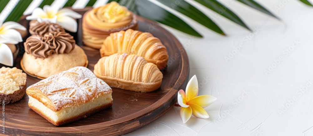 Chinese pastries and cakes on a wooden plate with a Frangipani flower, on a white background, perfect for copy space image. Chinese pastries and cakes on a wooden plate with a Frangipani flower, on a white background, perfect for copy space image.