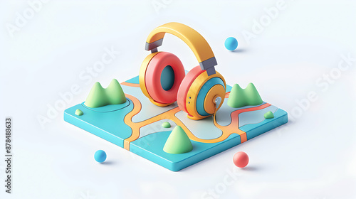 3D Flat Icon of Individual with Travel Podcast Audio Tour and Headphones Overlay for Tech Enhanced Travel   Copy Space Concept on Isolated White Background photo