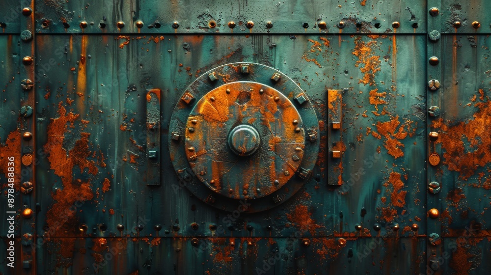 Weathered metal door with a large combination lock exudes security and strength, hinting at mystery. The rusty surface, adorned with rivets, adds industrial elegance Weathered metal door with a large combination lock exudes security and strength, hinting at mystery. The rusty surface, adorned with rivets, adds industrial elegance
