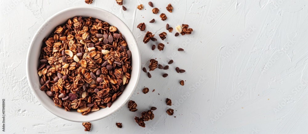 Bowl with chocolate granola cereal and nuts, set against a white backdrop with copy space image. Bowl with chocolate granola cereal and nuts, set against a white backdrop with copy space image.