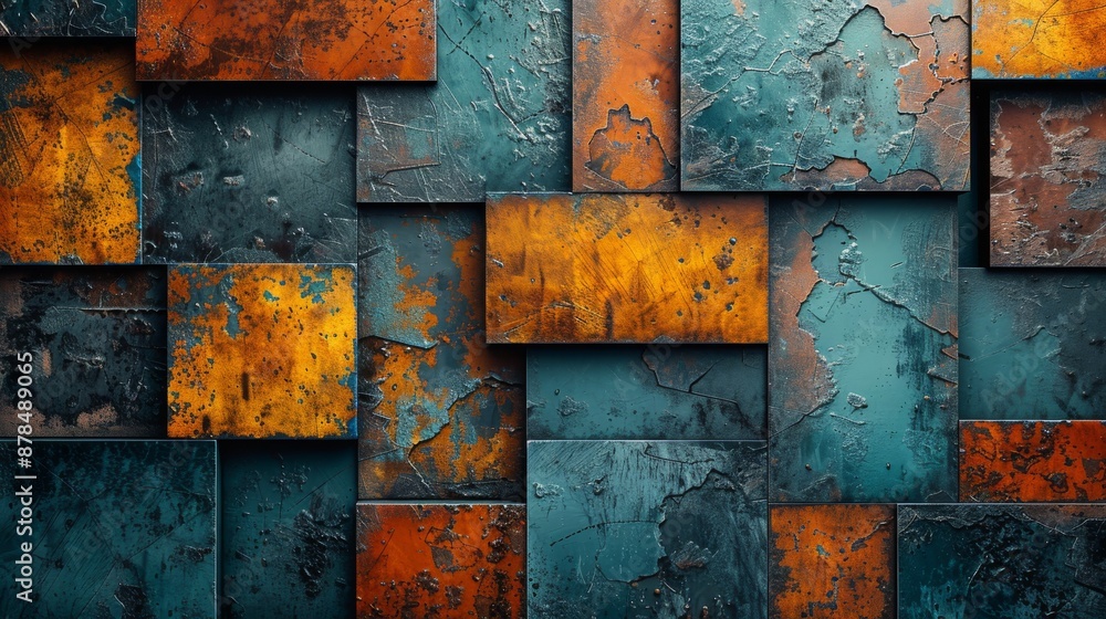 Abstract metal wall covering with an interesting pattern is making a modern background. Orange and blue colors are creating a modern contrast Abstract metal wall covering with an interesting pattern is making a modern background. Orange and blue colors are creating a modern contrast