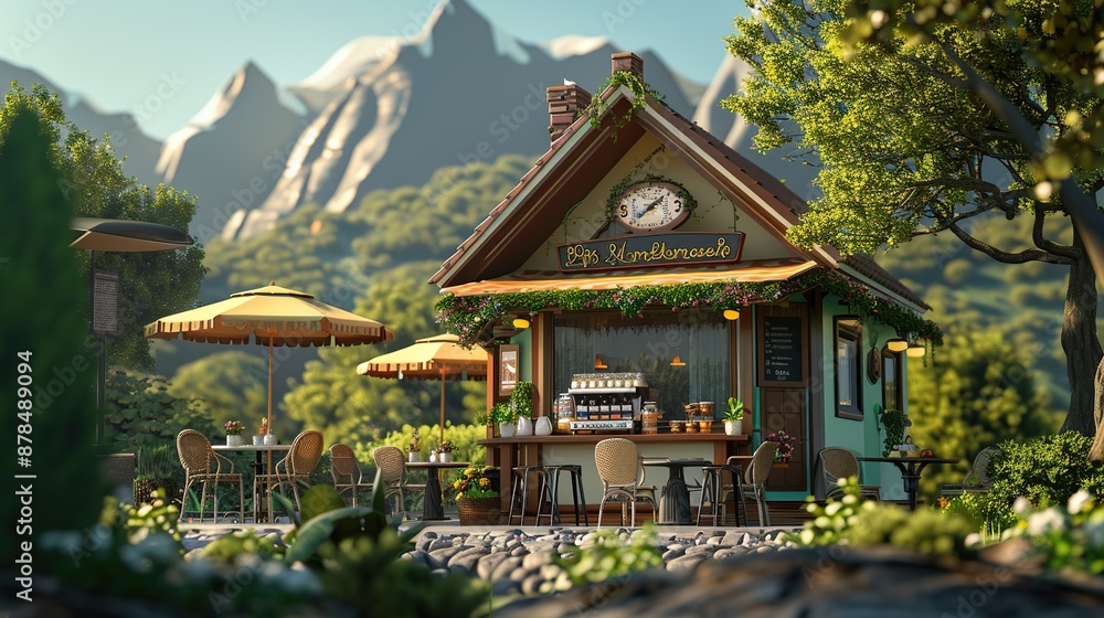 A charming cafe with a rustic feel nestled in a picturesque mountain setting. A charming cafe with a rustic feel nestled in a picturesque mountain setting.