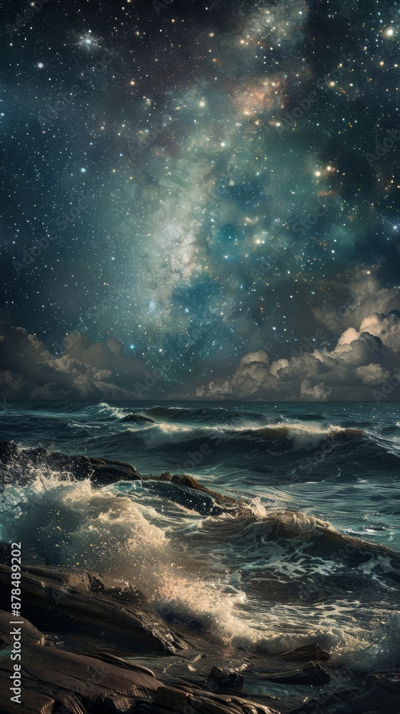 Ocean waves crashing against rocks at night with a starry sky and milky way shining brightly. Breathtaking nature's power and beauty. Dark clouds add drama Ocean waves crashing against rocks at night with a starry sky and milky way shining brightly. Breathtaking nature's power and beauty. Dark clouds add drama