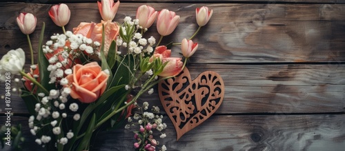 Background for Mother's Day featuring wooden text and a bouquet of flowers. Admirable copy space image. photo