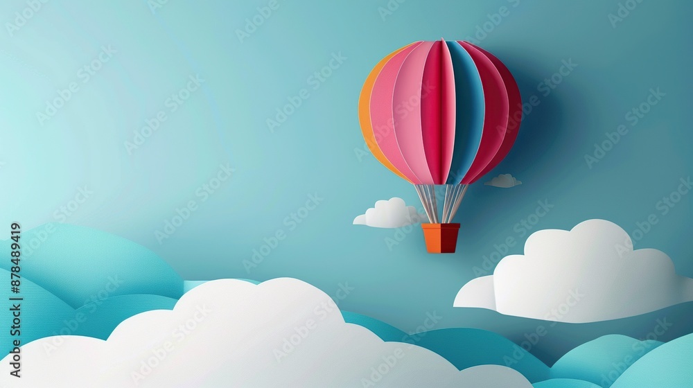 Obraz premium A colourful paper hot air balloon with a wicker basket, against a blue sky background with clouds.