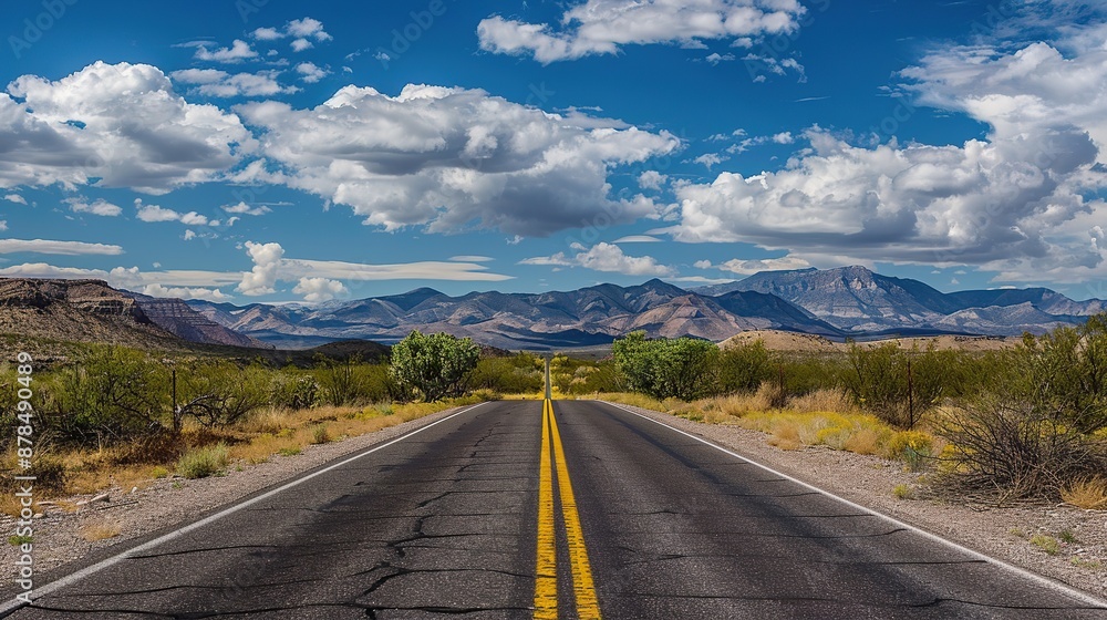 Naklejka premium A long, straight road leading towards a mountain range under a blue sky with puffy clouds.
