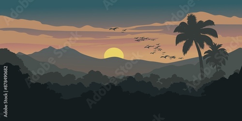 Beautiful sunset over tropical forest with palm trees and mountains in the background