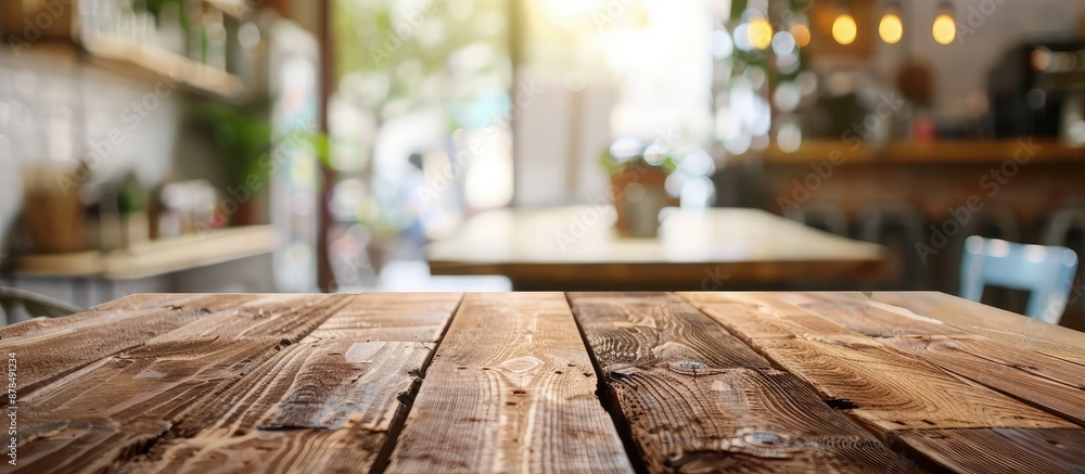 Empty brown wooden table in focus with blurred coffee shop background, ideal as a background for product displays or photo montages requiring copy space image. Empty brown wooden table in focus with blurred coffee shop background, ideal as a background for product displays or photo montages requiring copy space image.