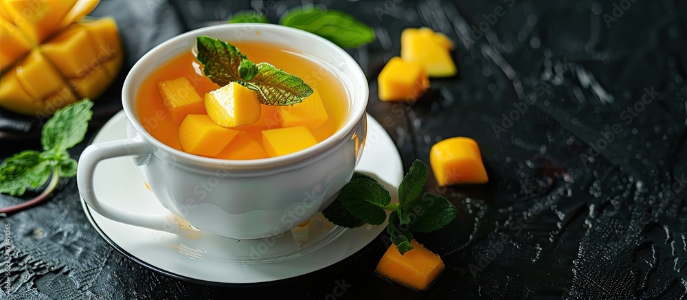 Dark background showcases a white glass cup filled with fruit tea containing mango pieces; exotic ingredients create an inviting copy space image. Dark background showcases a white glass cup filled with fruit tea containing mango pieces; exotic ingredients create an inviting copy space image.