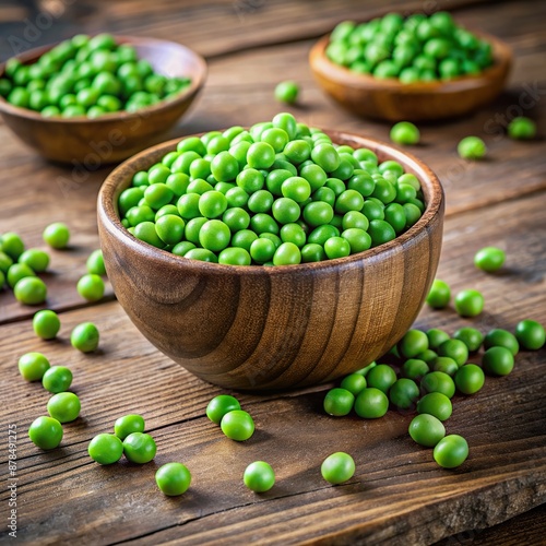 Peeled green pea balls in a wooden bowl Scattered peas on the table , balls, peas, bowl, table, wooden photo