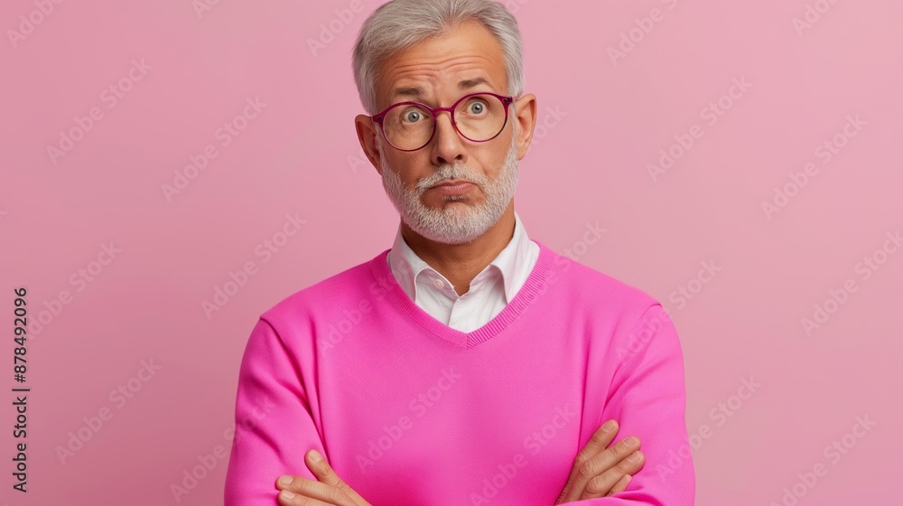 A man in a pink sweater and glasses is looking at the camera with a surprised expression. The pink color of the sweater and the man's glasses give the image a playful and whimsical mood A man in a pink sweater and glasses is looking at the camera with a surprised expression. The pink color of the sweater and the man's glasses give the image a playful and whimsical mood