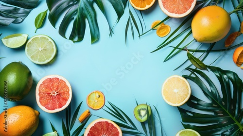 Fototapeta Naklejka Na Ścianę i Meble -  Tropical fruits and palm leaves on blue background in a summer themed flat lay