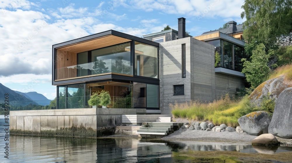 Modern waterfront home in natural setting, architectural elegance with scenic lake views. Concept of luxury living and nature integration Modern waterfront home in natural setting, architectural elegance with scenic lake views. Concept of luxury living and nature integration