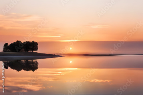 A tranquil scene unfolds: still water mirrors a breathtaking sunrise. Minimalist shapes of trees and hills frame the perfect reflection, creating a sense of peace and harmony.