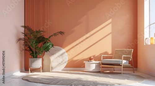 A stylish living room with peach color paint walls, minimalist furnishings, and a 3D render effect