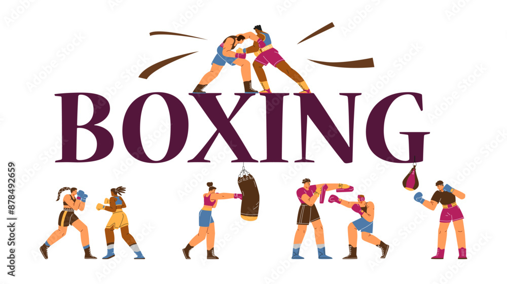 Vector poster male and female boxers with sports gloves are hitting each other and a punching bag Vector poster male and female boxers with sports gloves are hitting each other and a punching bag