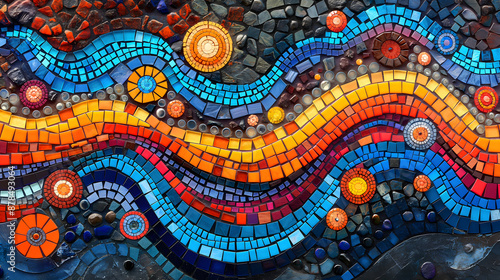 Abstract Wave Pattern Mosaic Wallpaper with Colorful Tiles