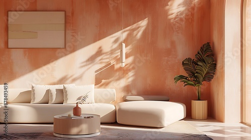 A stylish living room with peach-colored walls and minimal decor, captured in a realistic 3D render