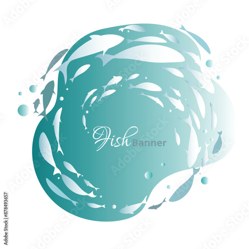 Turquoise spot decorative banner with school of fish. Logo template design in sea style.