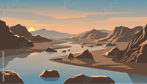 Beautiful river sunset with mountain and rocks