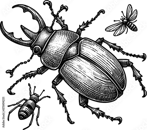 Vintage ink sketch bug vector line art black hand drawn, illustration background photo