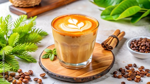 Glass of latte coffee with beautiful foam art on wooden table with coffee beans and cinnamon sticks photo