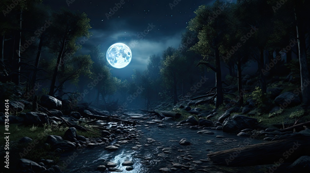Moonlit Forest Stream. Moonlit Forest Stream.