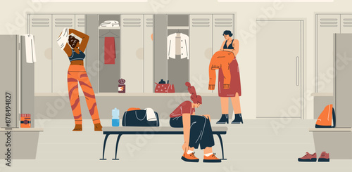 Young women dressing in sports locker changing room vector illustration, athletes changing clothes after training in gym