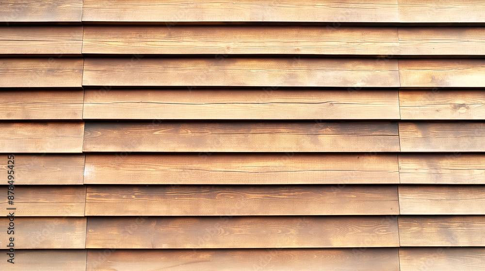 Close-up view of a textured brown wooden siding with horizontal plank arrangement. Close-up view of a textured brown wooden siding with horizontal plank arrangement.