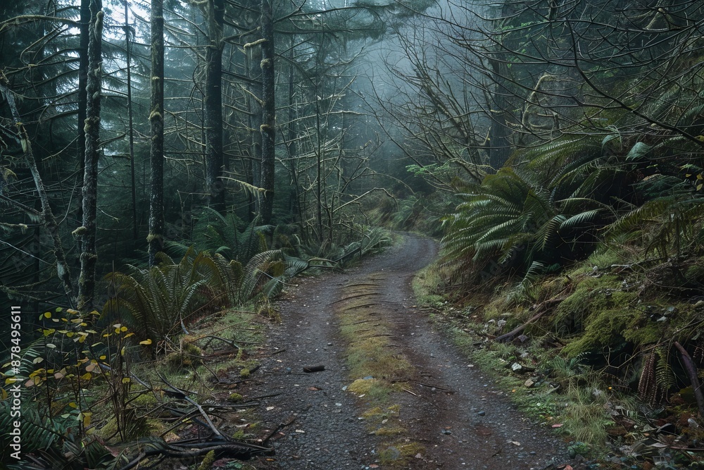 A serene forest path bathed in sunlight, surrounded by tall trees and lush green foliage. A serene forest path bathed in sunlight, surrounded by tall trees and lush green foliage.