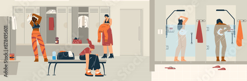 Young women dressing in sports locker changing room vector set, athletes washing in shower after training fitness in gym