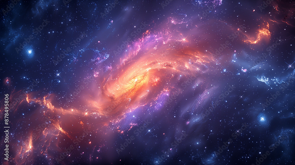 Naklejka premium A vibrant and colorful depiction of a spiral galaxy with bright orange and purple hues, surrounded by stars and cosmic dust in deep space.