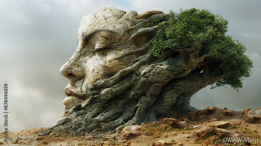 A surreal image of a stone face merging with a tree, symbolizing the connection between nature and humanity. The face appears to be part of a rocky landscape A surreal image of a stone face merging with a tree, symbolizing the connection between nature and humanity. The face appears to be part of a rocky landscape