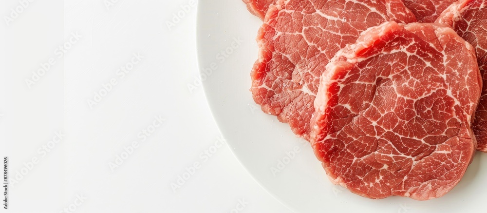 Close-up of raw pork cutlets with a white background for text. Ideal for grilling meatballs or burgers, with a copy space image available. Close-up of raw pork cutlets with a white background for text. Ideal for grilling meatballs or burgers, with a copy space image available.
