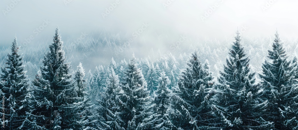 Christmas banner featuring a scenic panoramic view of snow-covered fir trees with a copy space image. Christmas banner featuring a scenic panoramic view of snow-covered fir trees with a copy space image.