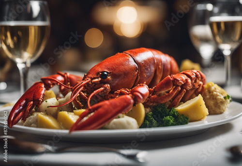 boiled lobster dinner in luxury restaurant, advertising shoot, copy space for text
 photo